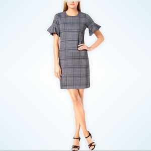 Calvin Klein Blue, Black, and White Houndstooth Plaid Sheath Dress -Bell Sleeves